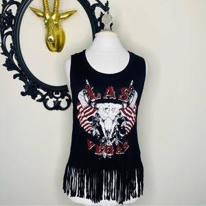 YMF Black White and Dark Red Las Vegas Graphic Tank Top with Fringe